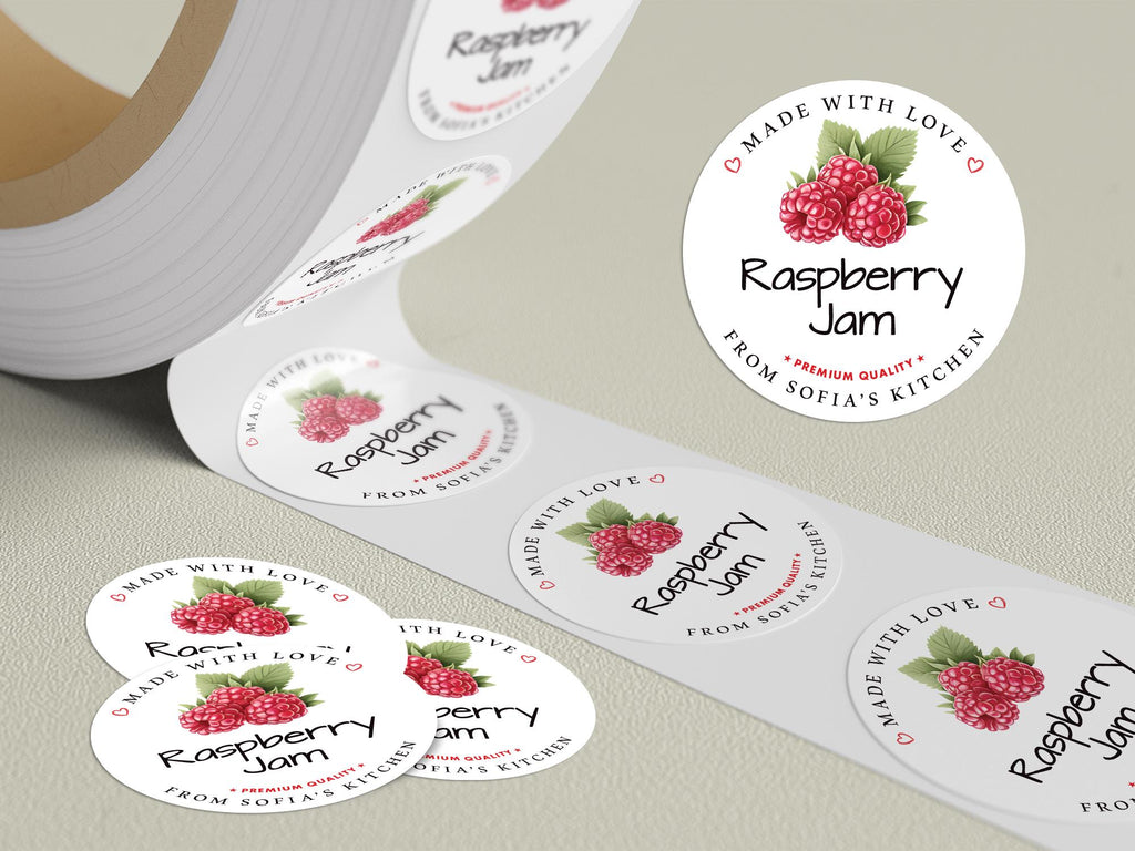 Personalized Raspberry Jam Roll Labels, Custom Raspberry Jam Product Stickers, Business Raspberry Jam Labels for Jars, Canning, Lid Stickers