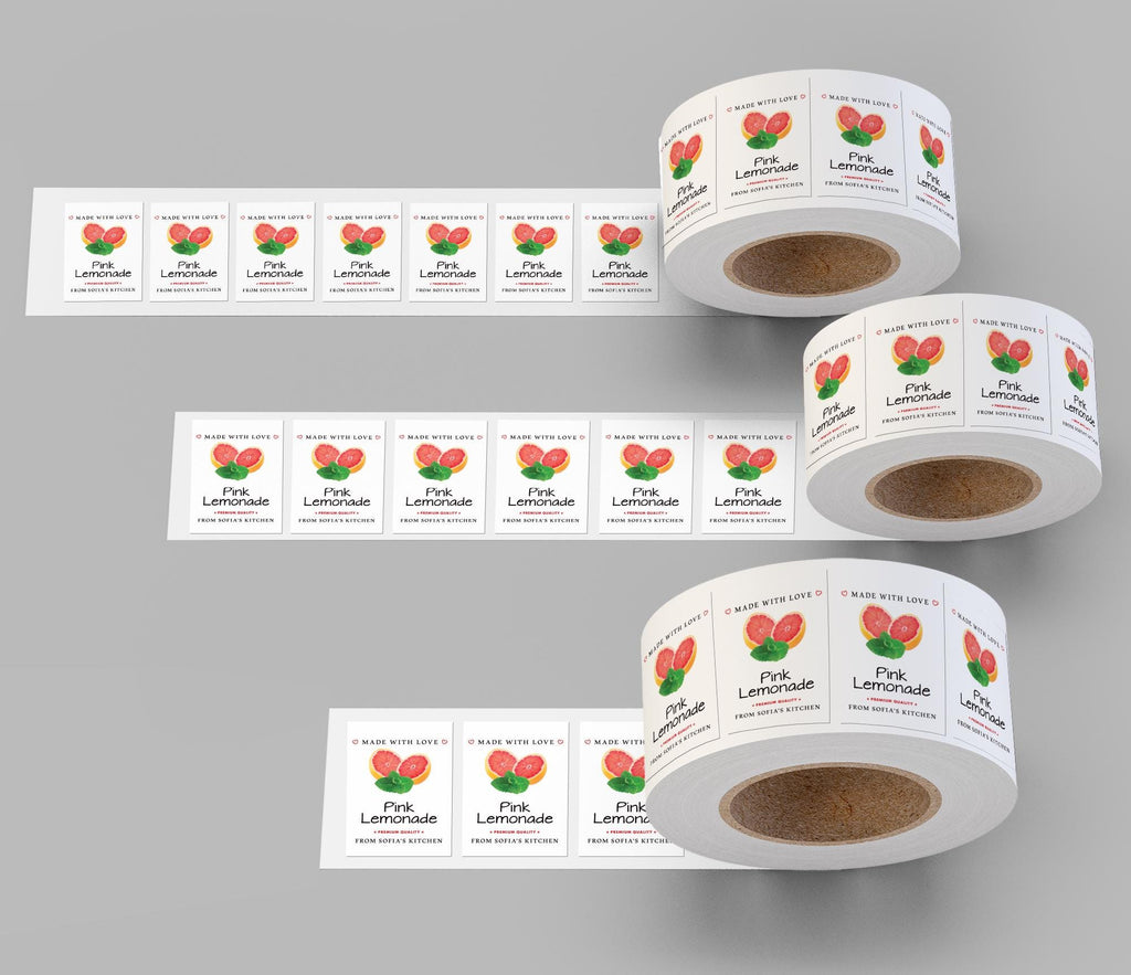 Personalized Pink Lemonade Roll Labels, Custom Pink Lemonade Product Stickers, Business Labels for Bottles & Jars, Canning, Lid Stickers