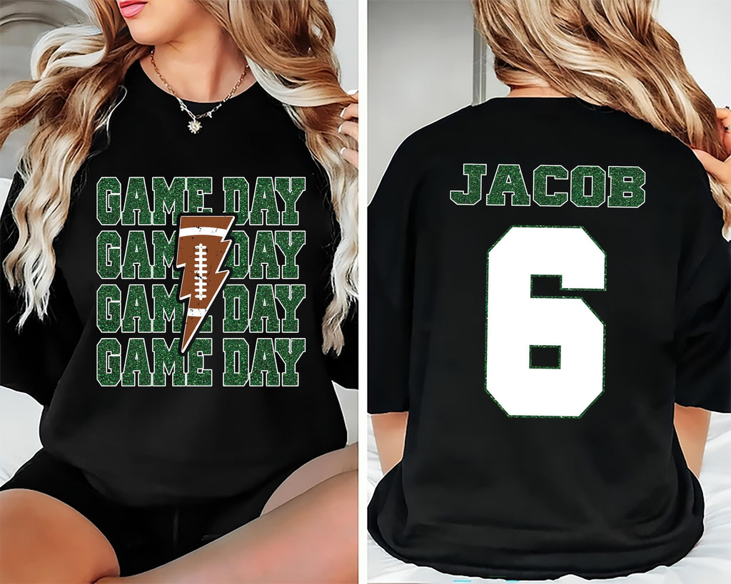 Personalized Football Game Day Shirt, Custom Game Day Mom Football Shirt, Unisex Child Name And Number Football Season Tee, Front Back