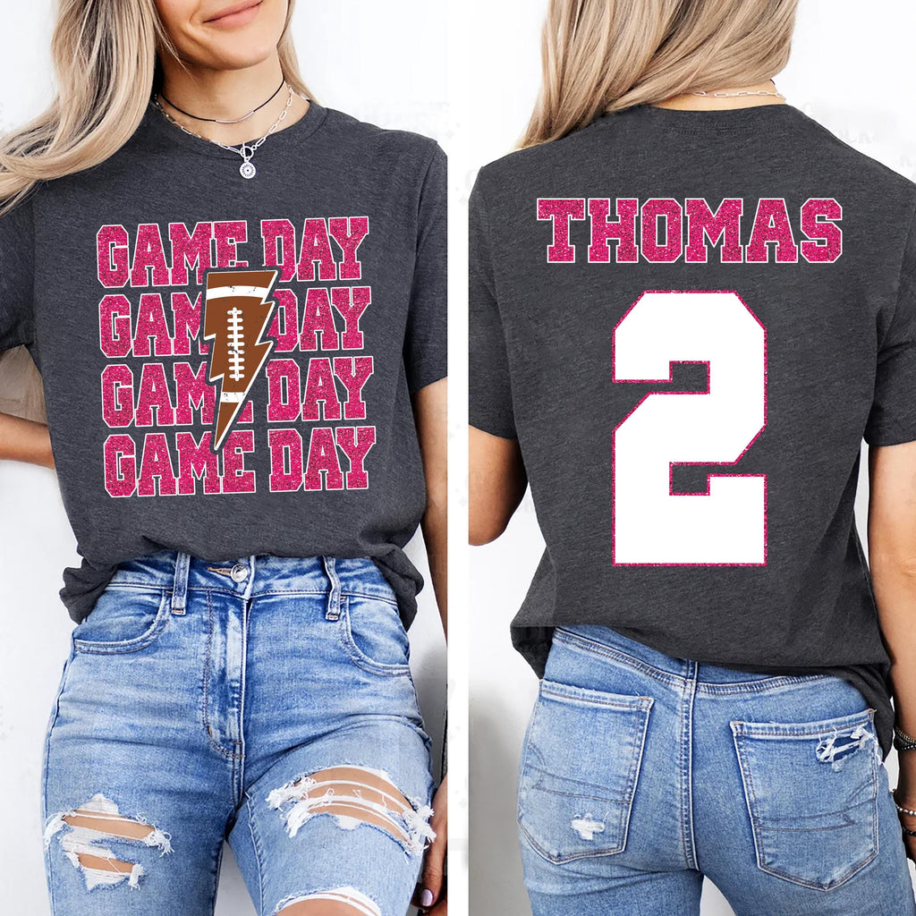 Personalized Football Game Day Shirt, Custom Game Day Mom Football Shirt, Unisex Child Name And Number Football Season Tee, Front Back
