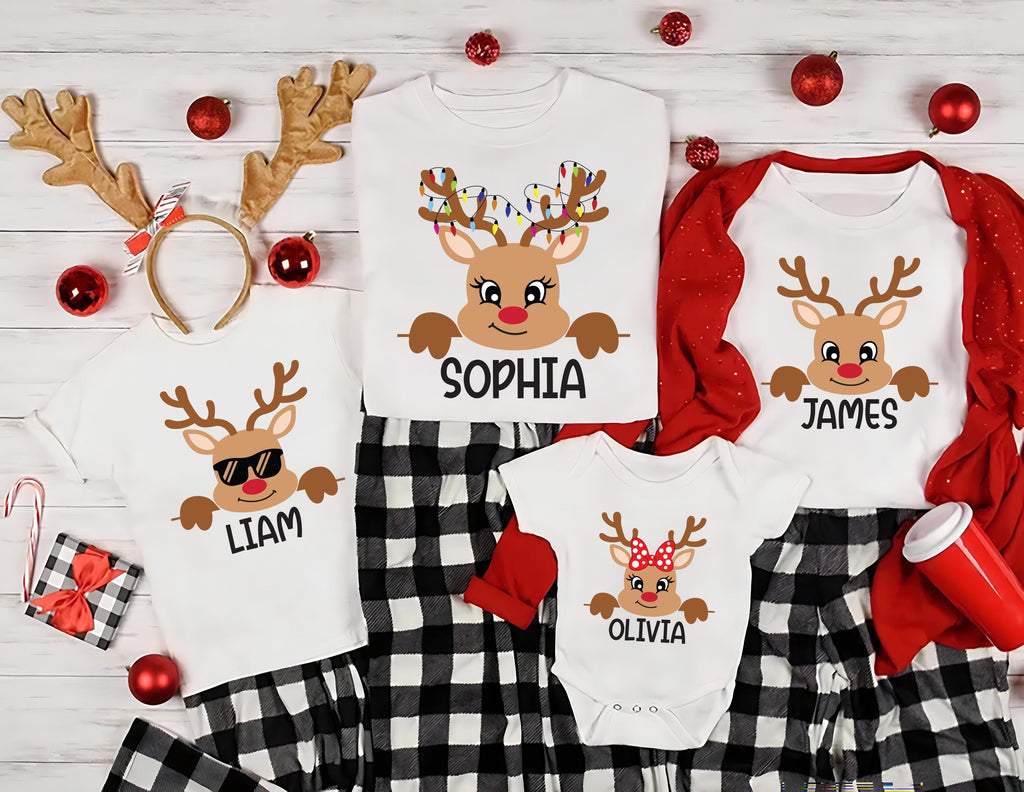 Reindeer Family Christmas Shirt, Personalized Christmas Family Shirt, Custom Family Name Tea