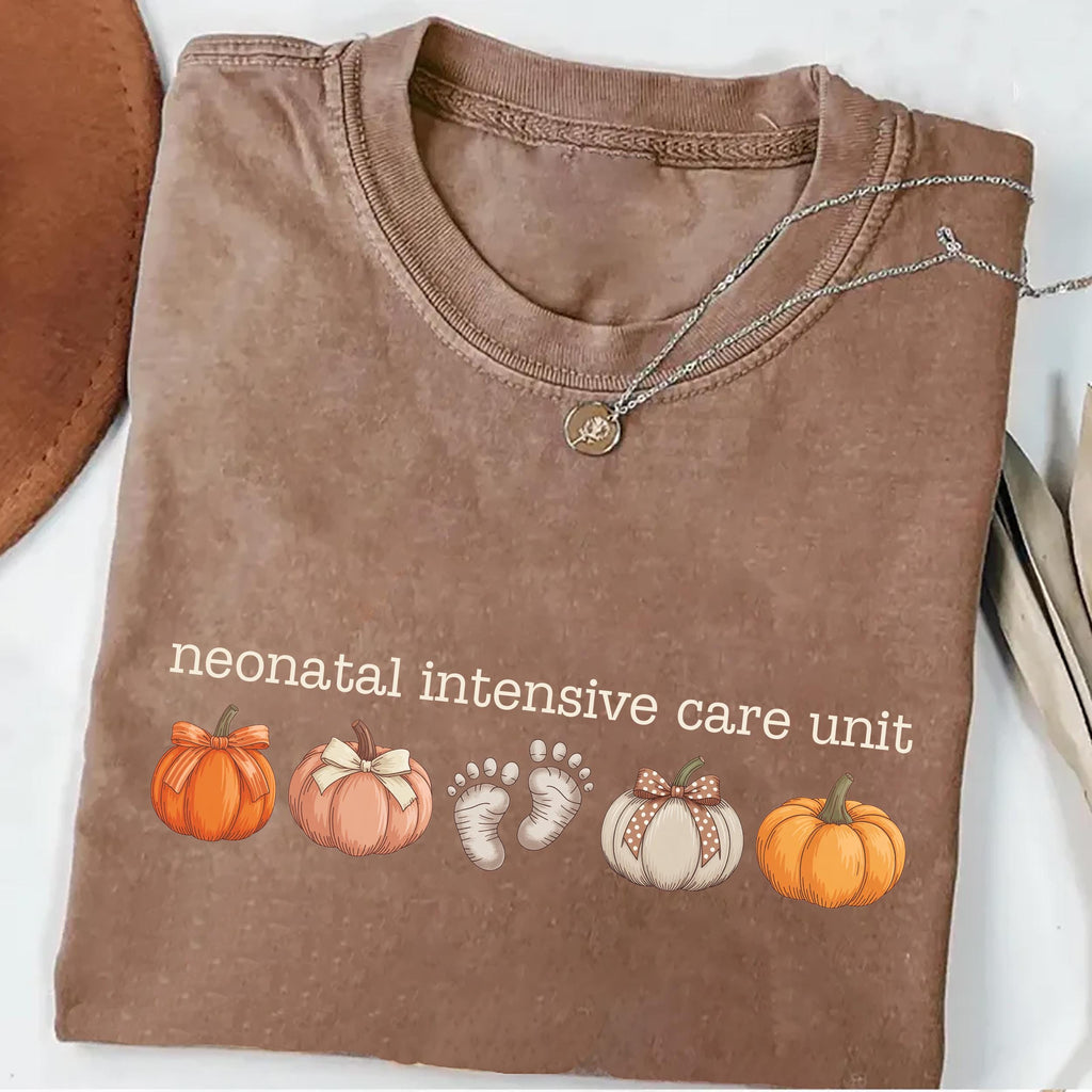 NICU Nurse Shirt, Neonatal Intensive Care Unit Shirt, Fall Autumn Doctor RN Pumpkins Footprints Tee