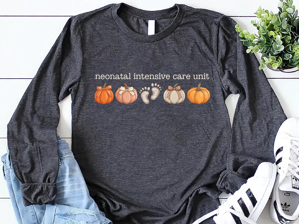 NICU Nurse Shirt, Neonatal Intensive Care Unit Shirt, Fall Autumn Doctor RN Pumpkins Footprints Tee