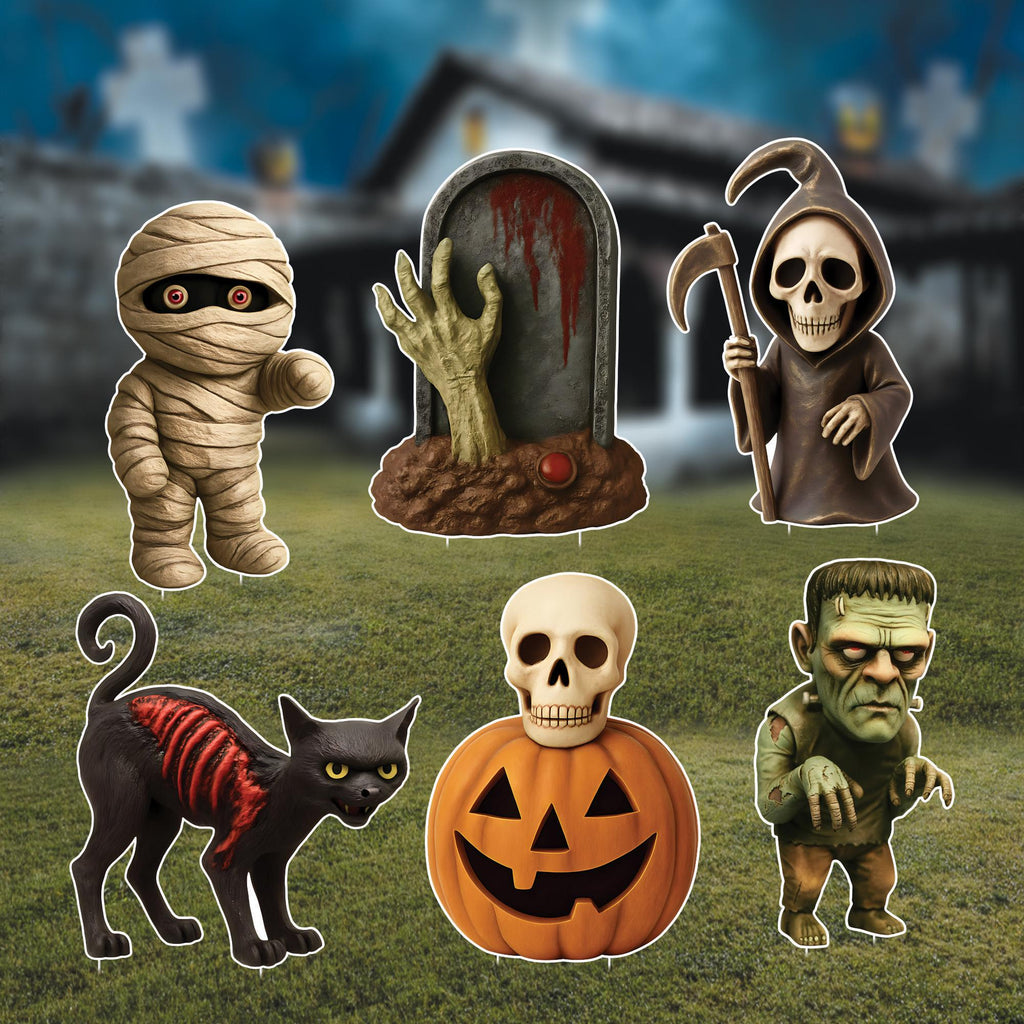 Halloween Yard Signs, Mummy Skeleton Pumpkin Cat Monster Lawn Decorations with Stakes, Large Scary Outdoor Haunted Garden Holiday Décor