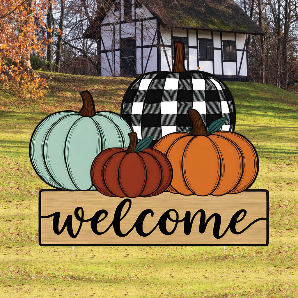 Fall Pumpkin Welcome Yard Sign, Rustic Farmhouse Lawn Decoration with Stakes, Autumn Harvest Outdoor Thanksgiving Porch Garden Décor