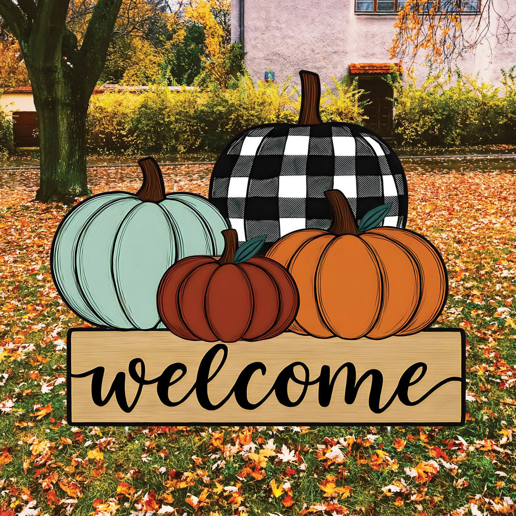 Fall Pumpkin Welcome Yard Sign, Rustic Farmhouse Lawn Decoration with Stakes, Autumn Harvest Outdoor Thanksgiving Porch Garden Décor