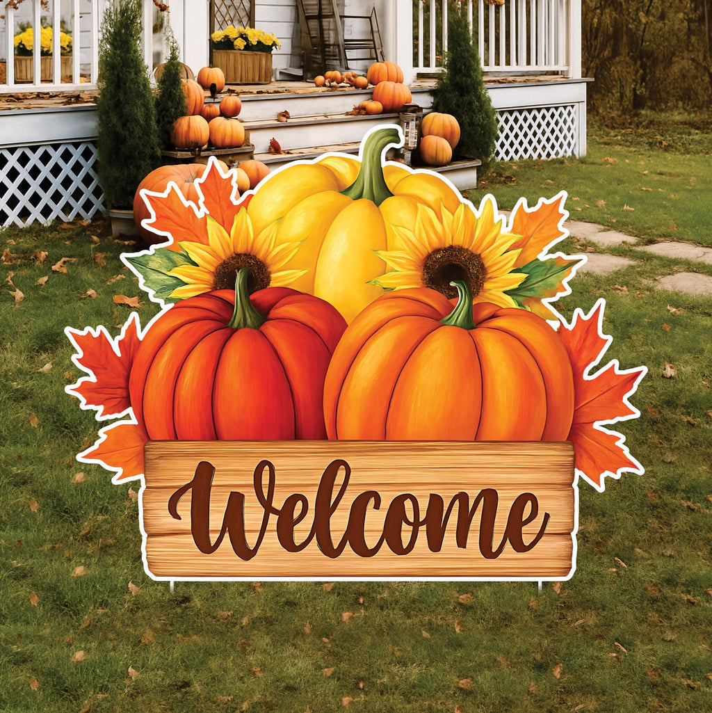 Fall Pumpkin Welcome Yard Sign, Autumn Harvest Lawn Decorations with Stakes, Rustic Sunflower Maple Leaf Outdoor Thanksgiving Porch Décor