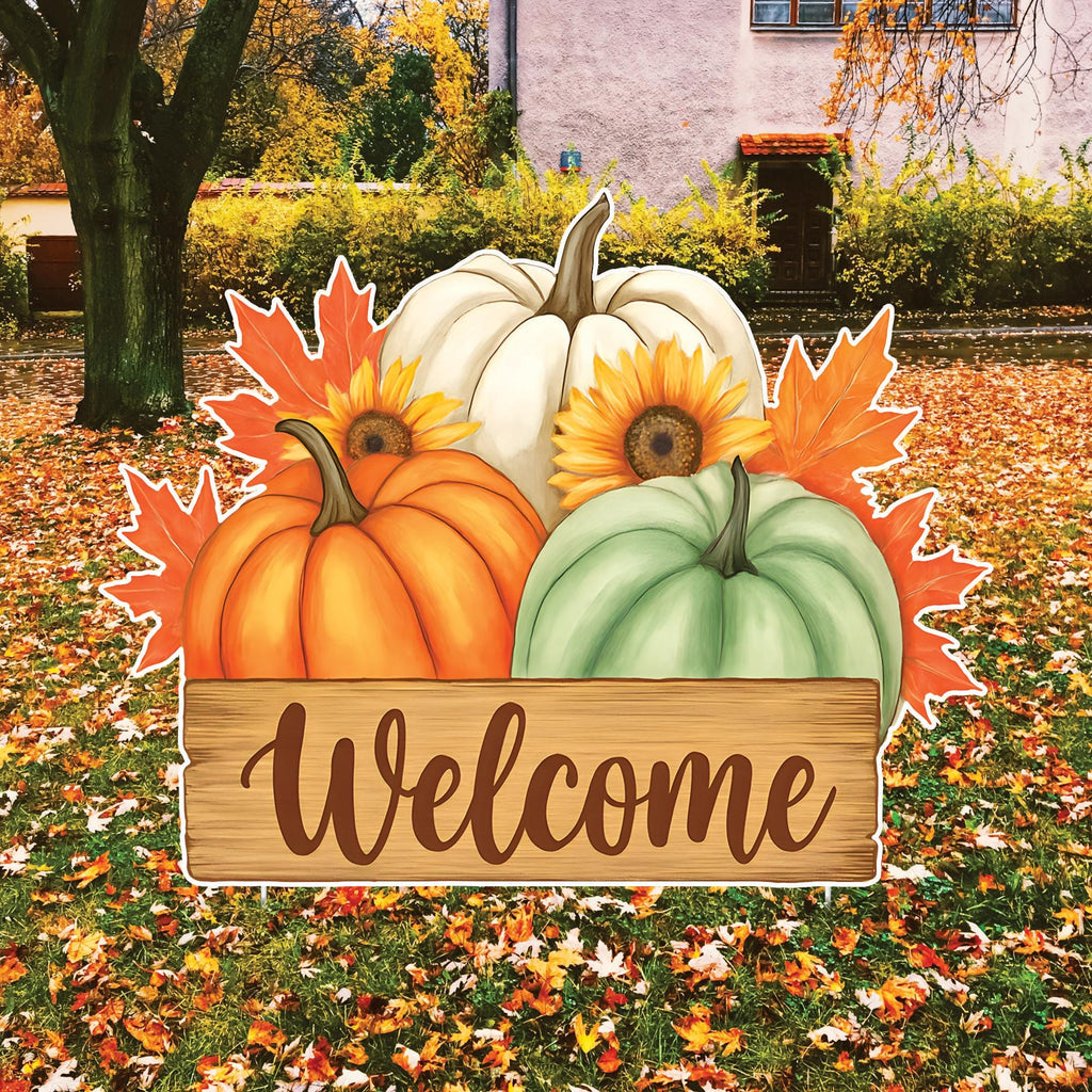 Fall Pumpkin Welcome Yard Sign, Autumn Harvest Lawn Decorations with Stakes, Rustic Sunflower Maple Leaf Outdoor Thanksgiving Porch Décor