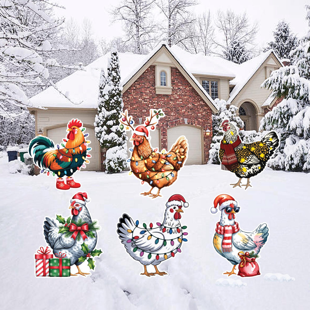 Christmas Chicken Yard Signs, Cute Outdoor Holiday Lawn Decorations with Stakes, Waterproof Xmas Garden Patio Pathway Winter Décor