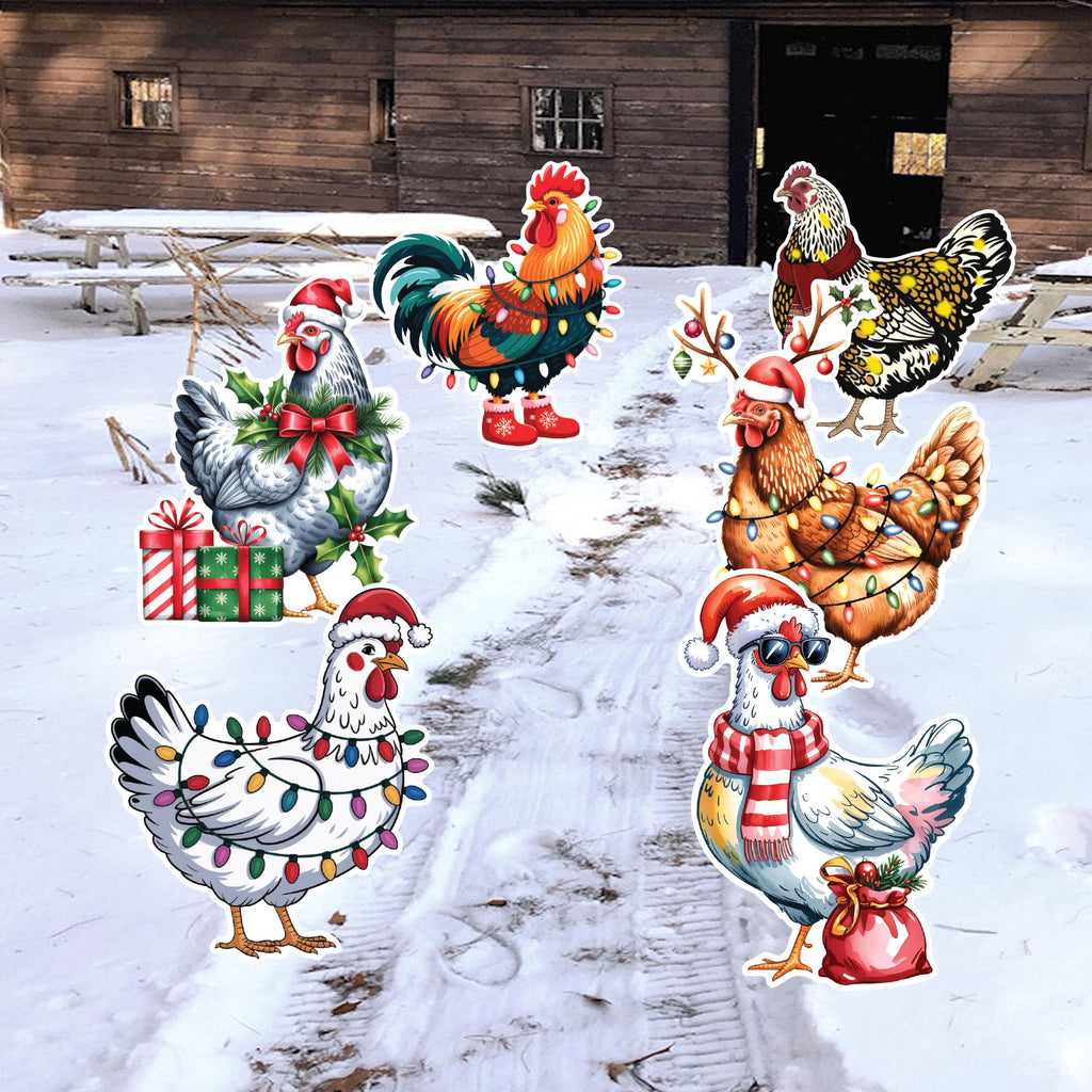 Christmas Chicken Yard Signs, Cute Outdoor Holiday Lawn Decorations with Stakes, Waterproof Xmas Garden Patio Pathway Winter Décor