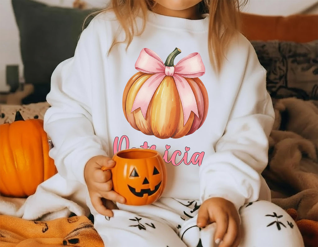 Custom Girls Fall Shirt, Personalized Pumpkin Toddler Tee, Pink Bow on Pumpkin Outfit, Girls Halloween Shirt, Pink Coquette Autumn TShirt
