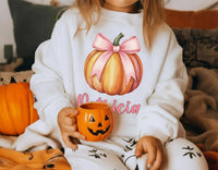 Custom Girls Fall Shirt, Personalized Pumpkin Toddler Tee, Pink Bow on Pumpkin Outfit, Girls Halloween Shirt, Pink Coquette Autumn TShirt