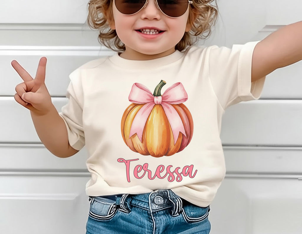 Custom Girls Fall Shirt, Personalized Pumpkin Toddler Tee, Pink Bow on Pumpkin Outfit, Girls Halloween Shirt, Pink Coquette Autumn TShirt