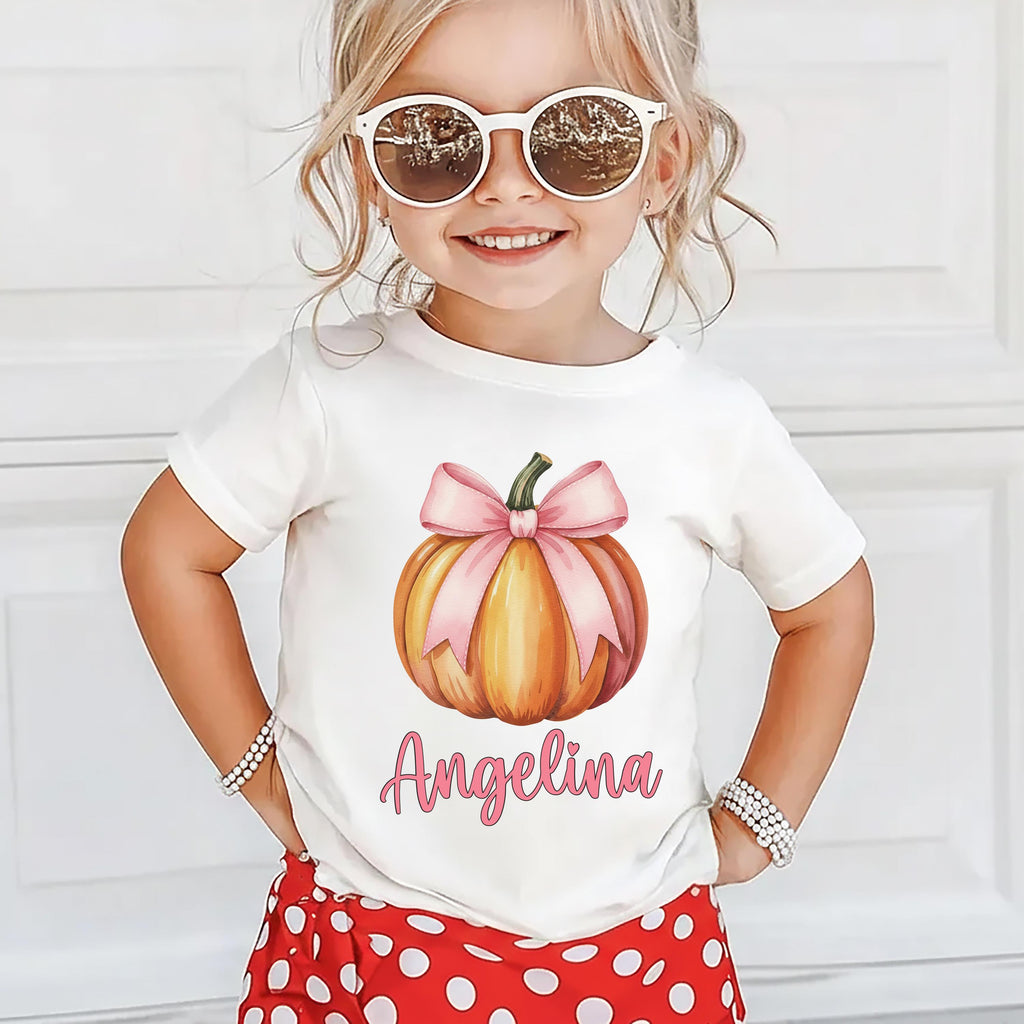 Custom Girls Fall Shirt, Personalized Pumpkin Toddler Tee, Pink Bow on Pumpkin Outfit, Girls Halloween Shirt, Pink Coquette Autumn TShirt