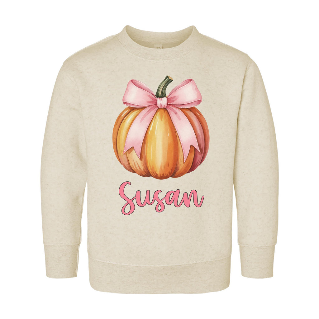 Custom Girls Fall Shirt, Personalized Pumpkin Toddler Tee, Pink Bow on Pumpkin Outfit, Girls Halloween Shirt, Pink Coquette Autumn TShirt
