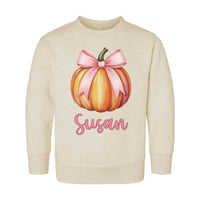Custom Girls Fall Shirt, Personalized Pumpkin Toddler Tee, Pink Bow on Pumpkin Outfit, Girls Halloween Shirt, Pink Coquette Autumn TShirt