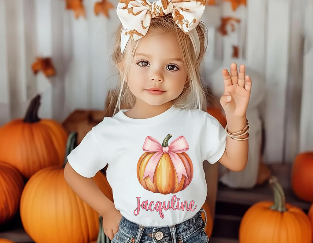 Custom Girls Fall Shirt, Personalized Pumpkin Toddler Tee, Pink Bow on Pumpkin Outfit, Girls Halloween Shirt, Pink Coquette Autumn TShirt
