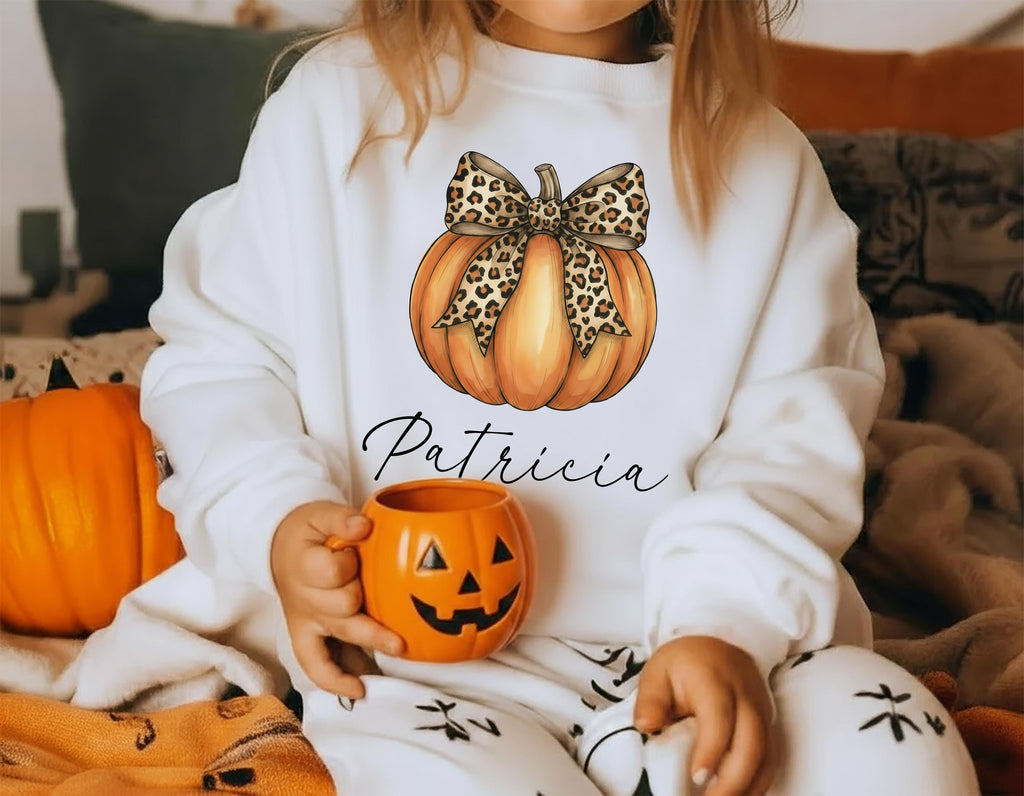 Personalized Pumpkin Fall Toddler Shirt, Cute Pumpkin with Cheetah Bow Shirt, Girls Autumn Tee with Name, Girls Halloween Shirt, Fall Gifts