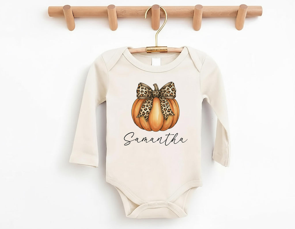 Personalized Pumpkin Fall Toddler Shirt, Cute Pumpkin with Cheetah Bow Shirt, Girls Autumn Tee with Name, Girls Halloween Shirt, Fall Gifts