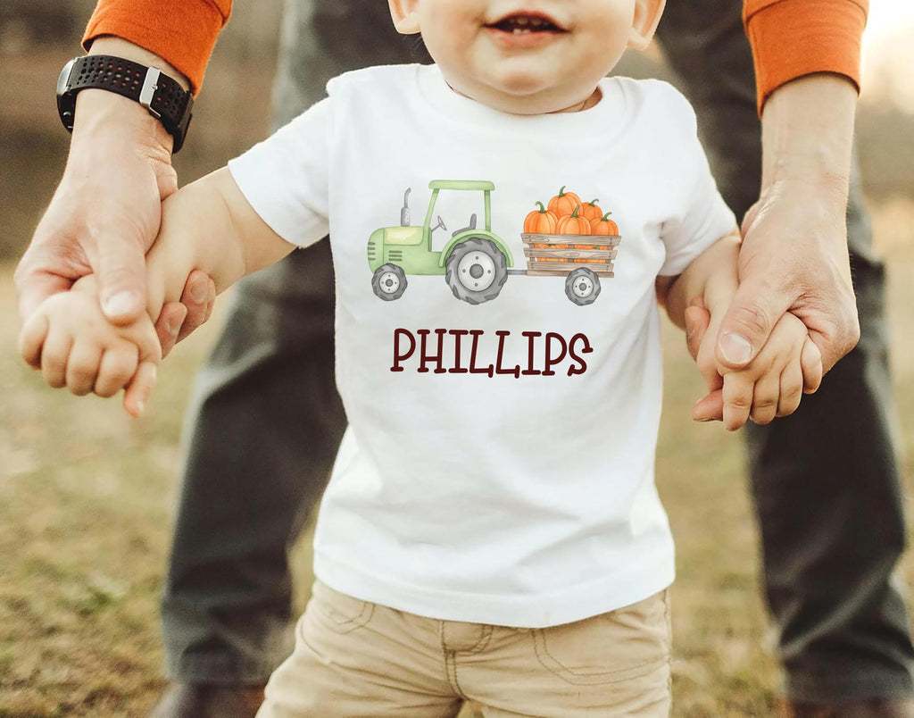 Personalized Pumpkin Tractor Kids Shirt, Halloween Green Tractor Toddler T-Shirt, Custom Halloween Boys Shirt, Custom Halloween Kids Tees