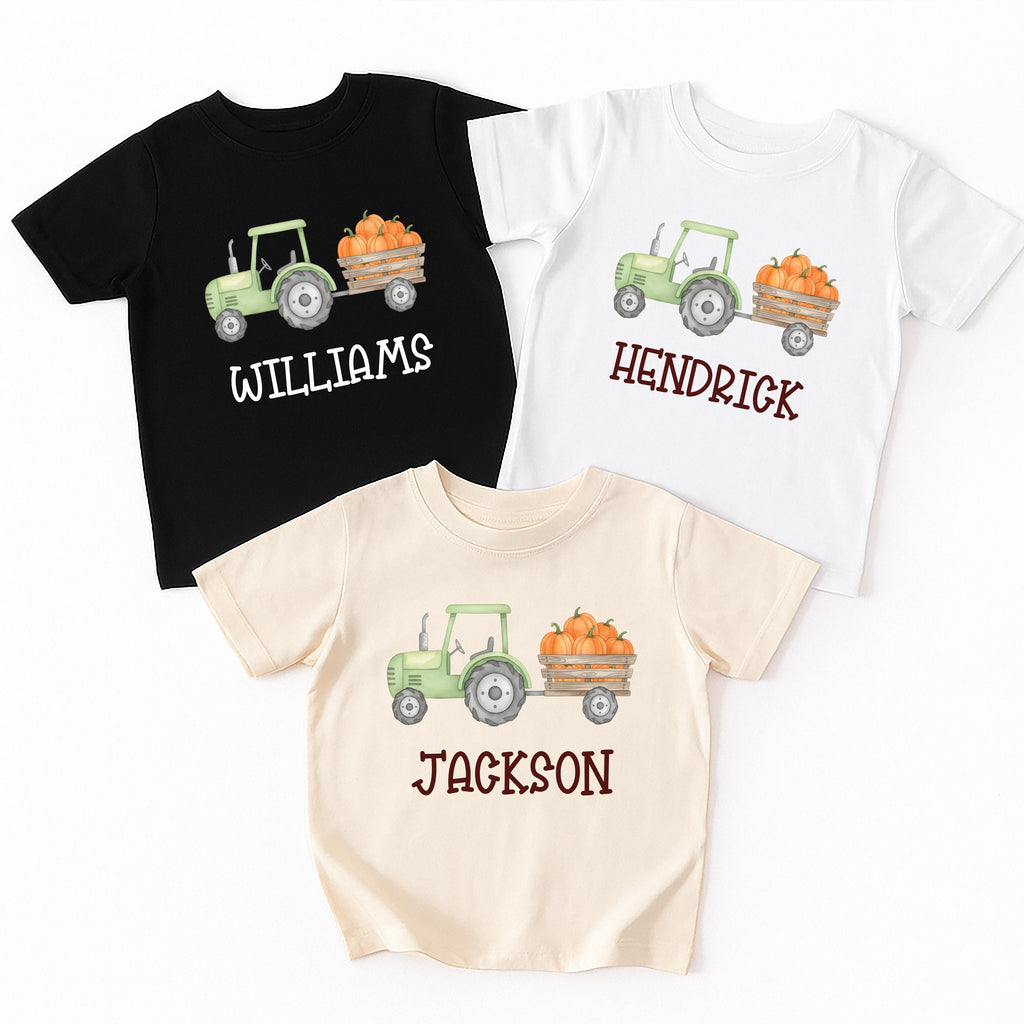 Personalized Pumpkin Tractor Kids Shirt, Halloween Green Tractor Toddler T-Shirt, Custom Halloween Boys Shirt, Custom Halloween Kids Tees
