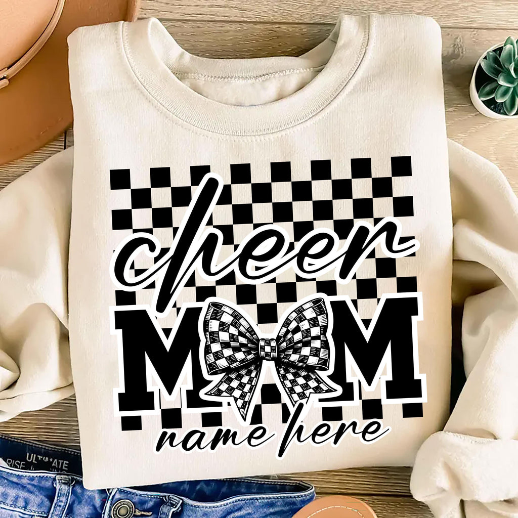 Checkered Coquette Cheer Mom Sweatshirt, Competition Day Shirt, Cheerleading Mama Sweatshirt