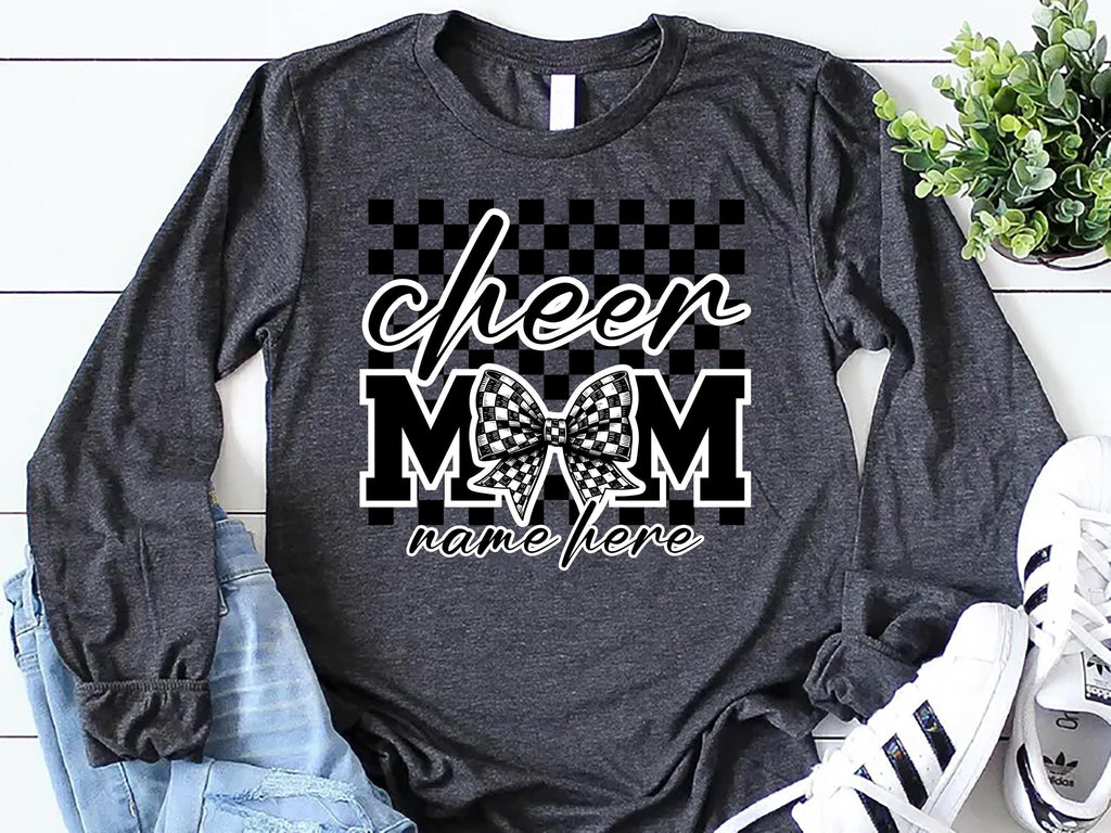 Checkered Coquette Cheer Mom Long Sleeve Shirt, Competition Day Shirt, Football Season Cheerleading Mama Tee