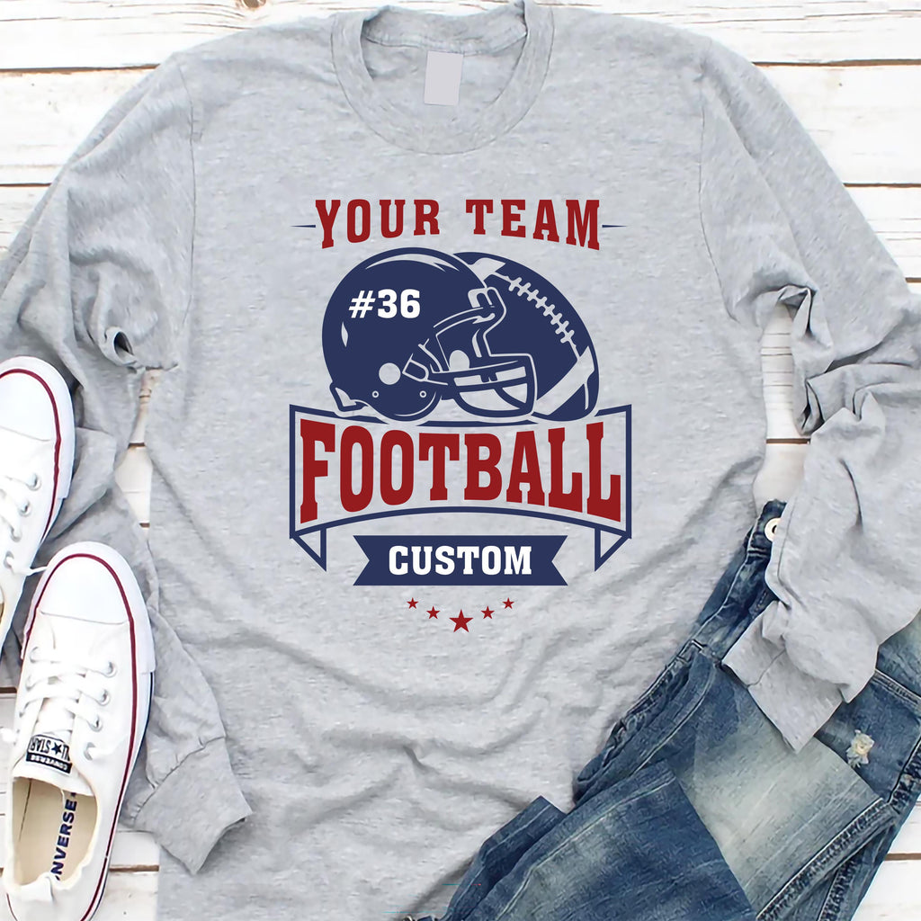 Custom Football Long Sleeve Shirt, Helmet and Ball Sports Shirt, Player Number Name Tee