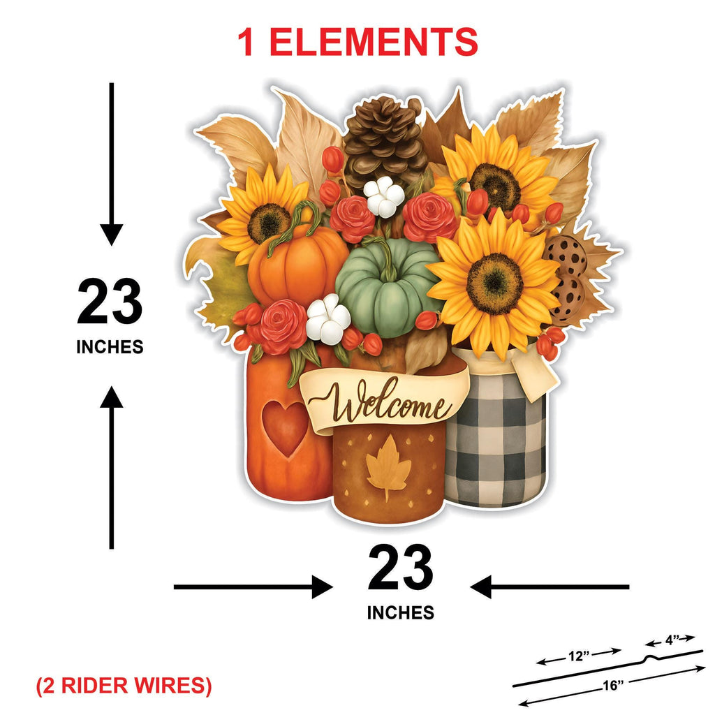 Fall Pumpkin Mason Jar Welcome Yard Sign, Autumn Sunflower Lawn Decoration with Stakes, Thanksgiving Harvest Outdoor Garden Patio Décor