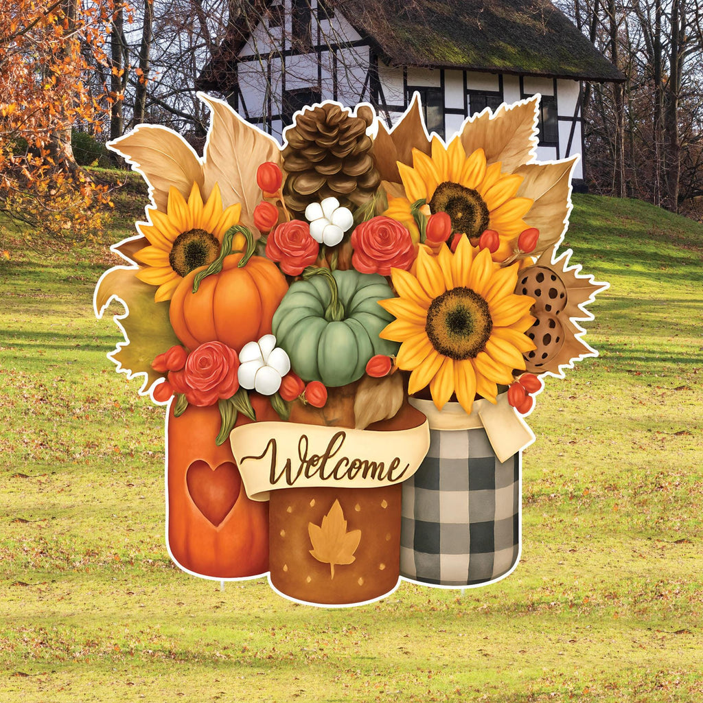 Fall Pumpkin Mason Jar Welcome Yard Sign, Autumn Sunflower Lawn Decoration with Stakes, Thanksgiving Harvest Outdoor Garden Patio Décor