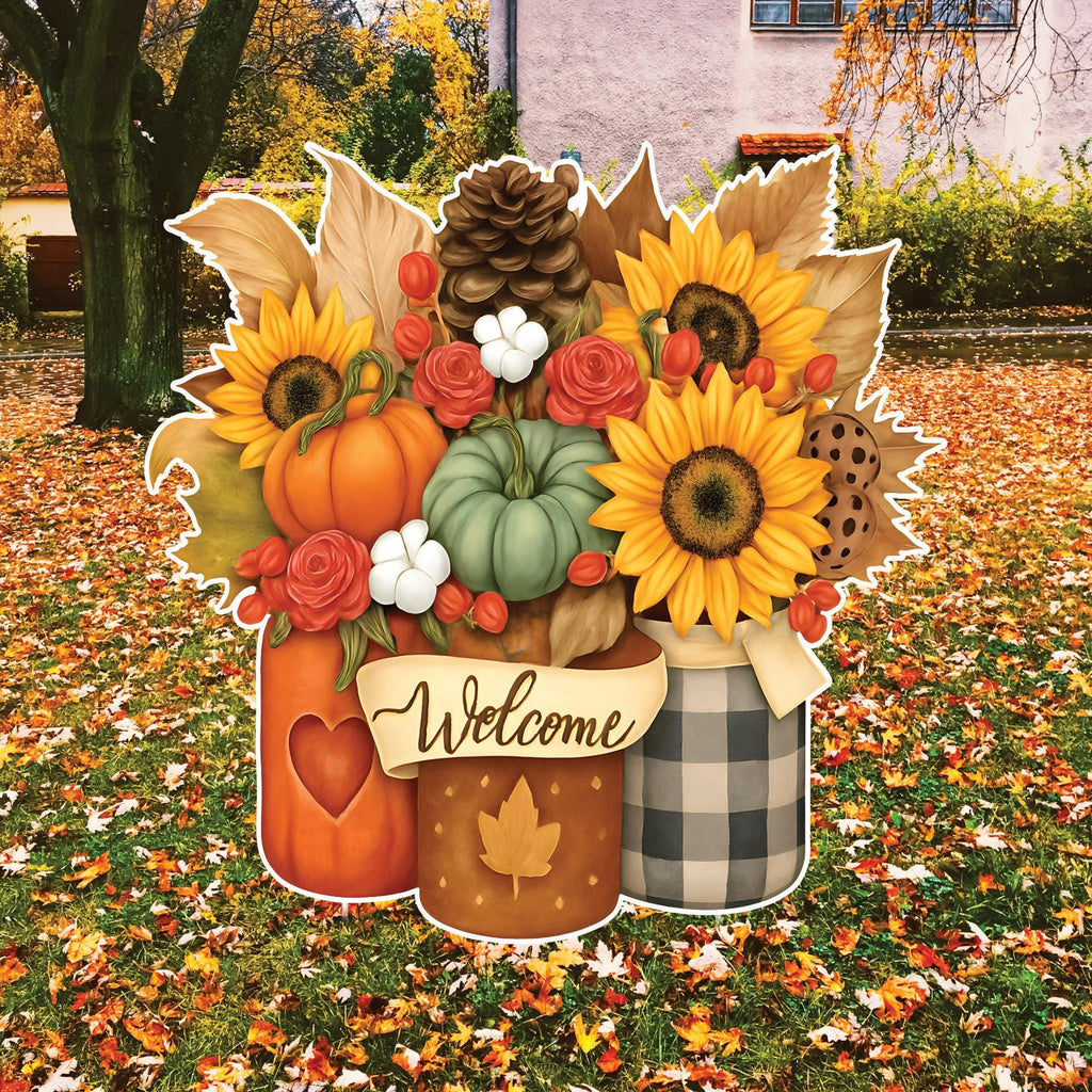 Fall Pumpkin Mason Jar Welcome Yard Sign, Autumn Sunflower Lawn Decoration with Stakes, Thanksgiving Harvest Outdoor Garden Patio Décor