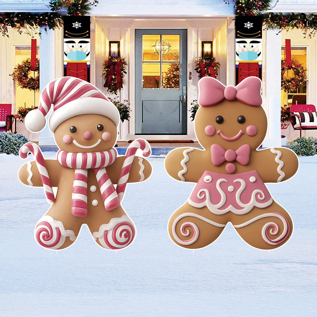 Gingerbread Boy and Girl Christmas Yard Signs, Xmas Lawn Decorations with Metal Stakes, Outdoor Holiday Pathway Garden Winter Porch Decor