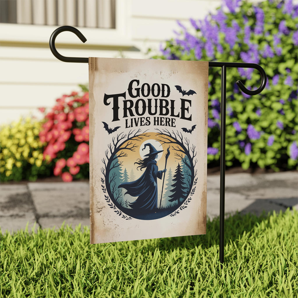 Subtle Anti-Trump Good Trouble Halloween Protest Garden Flag, Feminist Witch, Resist Fascism Yard Flag, Subtle Harvest Fall Outdoor Flag