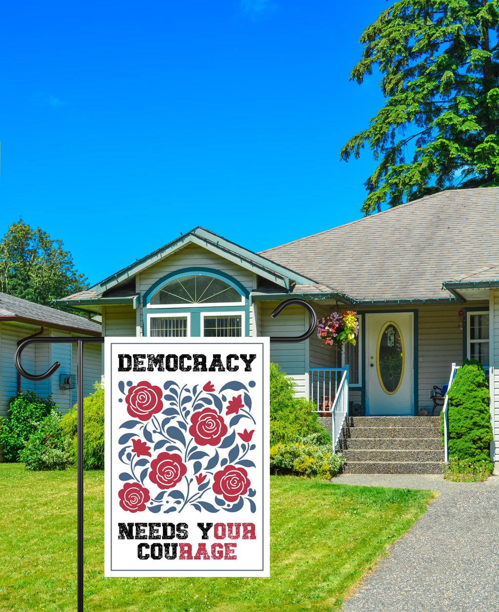 Democracy Needs Your Courage Garden Flag, 12x18 Inch Double Sided, Anti-Trump Flag, Human Rights Flag, Anti Racism Flag, Anti Fascism Flag