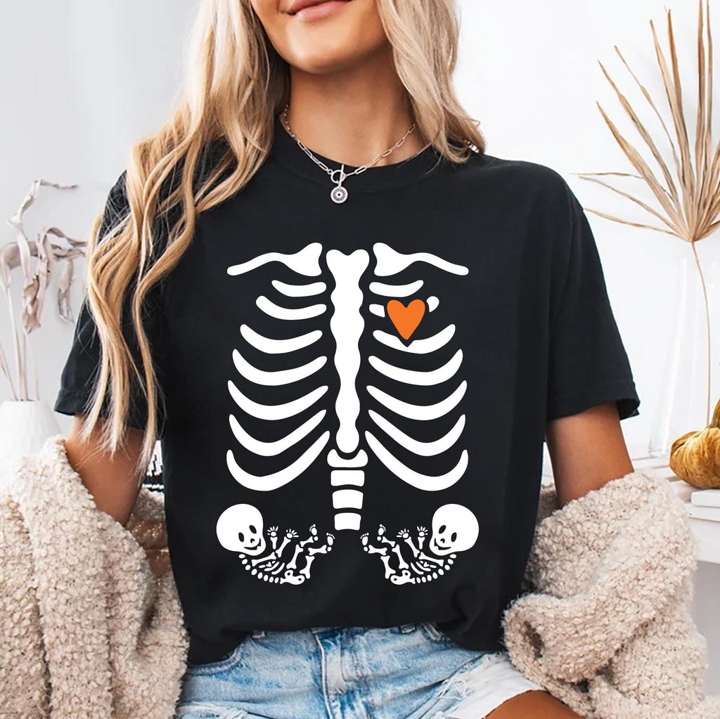 Skeleton Halloween Maternity Shirt, Fall Twin Pregnancy Announcement Tee, Spooky Pregnant Costume Shirt