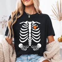 Skeleton Halloween Maternity Shirt, Fall Twin Pregnancy Announcement Tee, Spooky Pregnant Costume Shirt