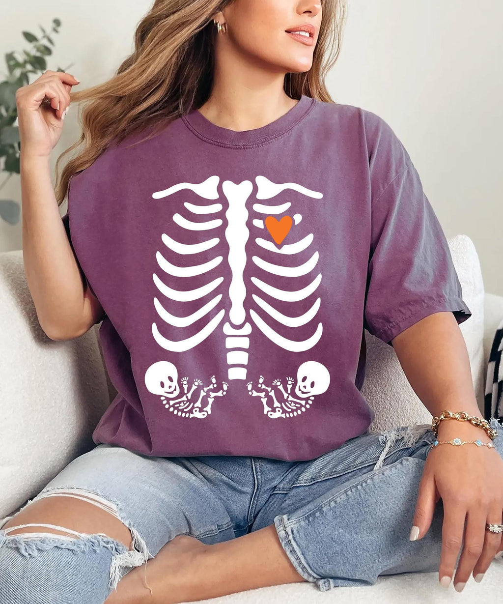 Skeleton Halloween Maternity Shirt, Fall Twin Pregnancy Announcement Tee, Spooky Pregnant Costume Shirt