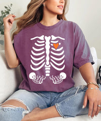 Skeleton Halloween Maternity Shirt, Fall Twin Pregnancy Announcement Tee, Spooky Pregnant Costume Shirt