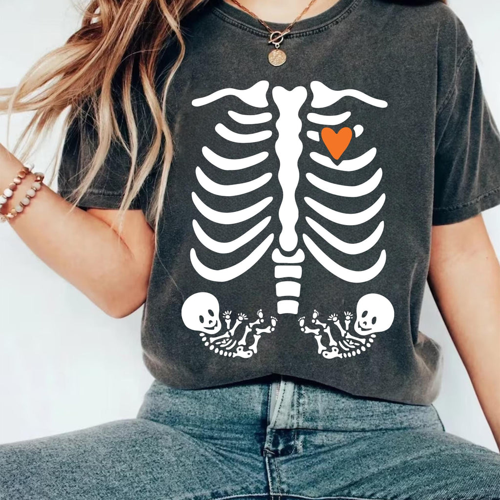 Skeleton Halloween Maternity Shirt, Fall Twin Pregnancy Announcement Tee, Spooky Pregnant Costume Shirt