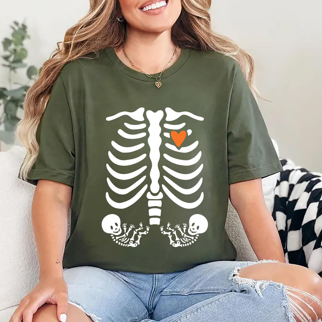 Skeleton Halloween Maternity Shirt, Fall Twin Pregnancy Announcement Tee, Spooky Pregnant Costume Shirt