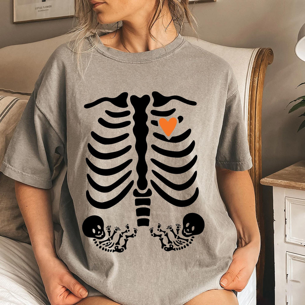Skeleton Halloween Maternity Shirt, Fall Twin Pregnancy Announcement Tee, Spooky Pregnant Costume Shirt