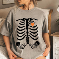 Skeleton Halloween Maternity Shirt, Fall Twin Pregnancy Announcement Tee, Spooky Pregnant Costume Shirt