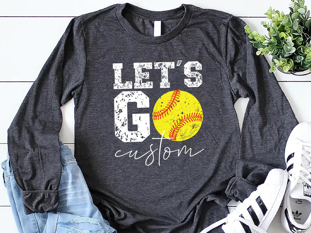 Let’s Go Softball Long Sleeve Shirt with Team Name, Custom Softball Mom Shirt, Personalized Softball Spirit Wear Tee