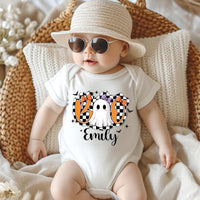 Halloween Girls Outfit Shirt, Personalized Name Halloween Shirt, Cute Fall Kids Tee, Checkered Ghost Shirt, Preppy Girls Halloween Shirt