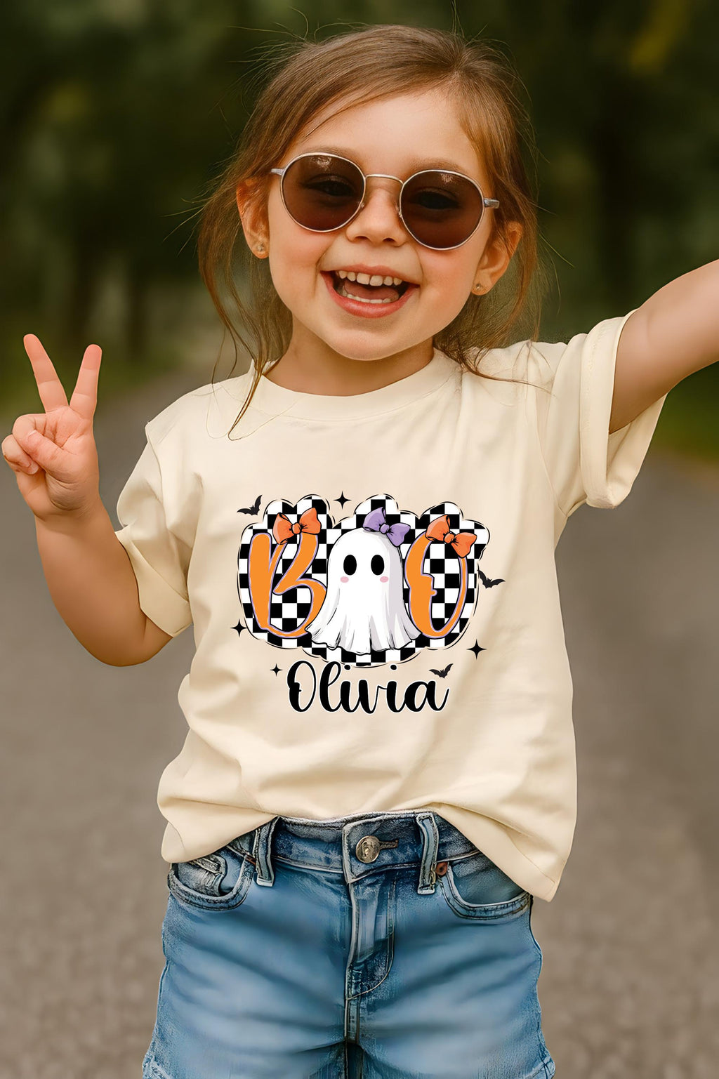 Halloween Girls Outfit Shirt, Personalized Name Halloween Shirt, Cute Fall Kids Tee, Checkered Ghost Shirt, Preppy Girls Halloween Shirt