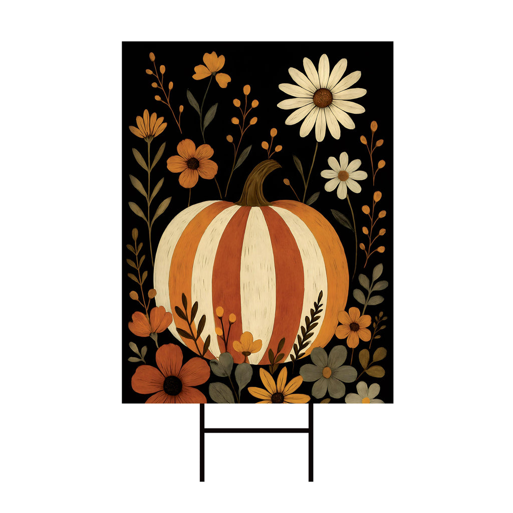 Rustic Pumpkin Yard Sign, Fall Floral Lawn Decoration, Autumn Striped Pumpkin Outdoor Sign, Harvest Thanksgiving Yard Sign with H-Stake