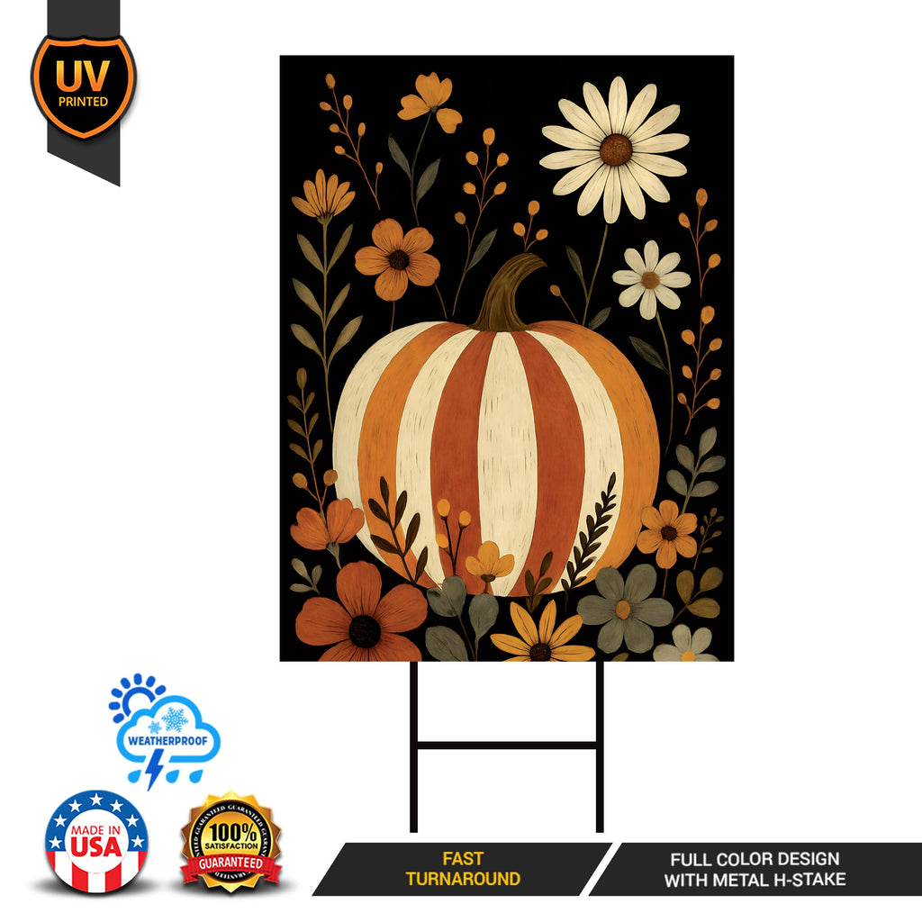 Rustic Pumpkin Yard Sign, Fall Floral Lawn Decoration, Autumn Striped Pumpkin Outdoor Sign, Harvest Thanksgiving Yard Sign with H-Stake