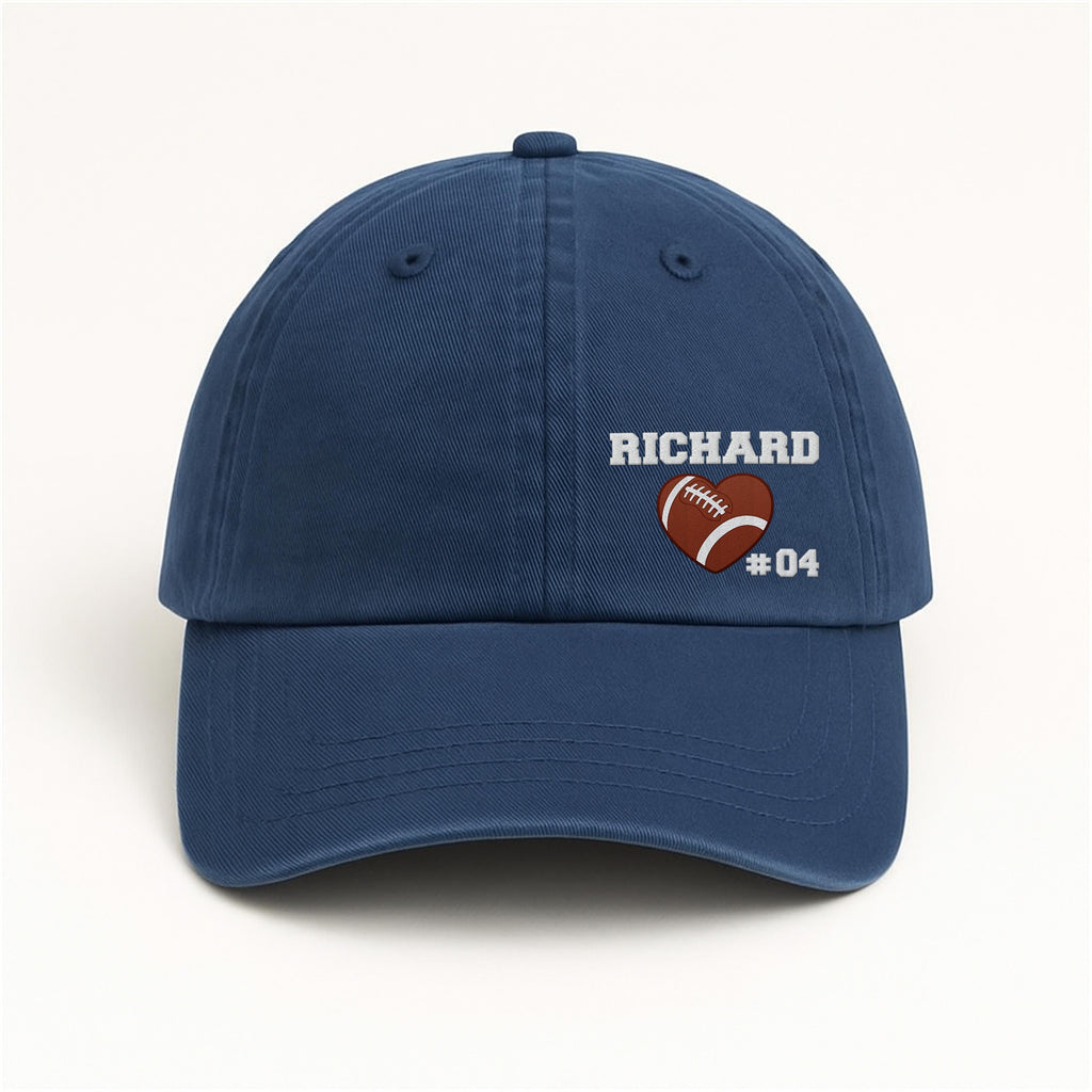 Football Heart Embroidered Hat with Name & Number, Custom Baseball Cap or Ponytail Style, Personalized Football Mom Gift, Team Spirit Cap
