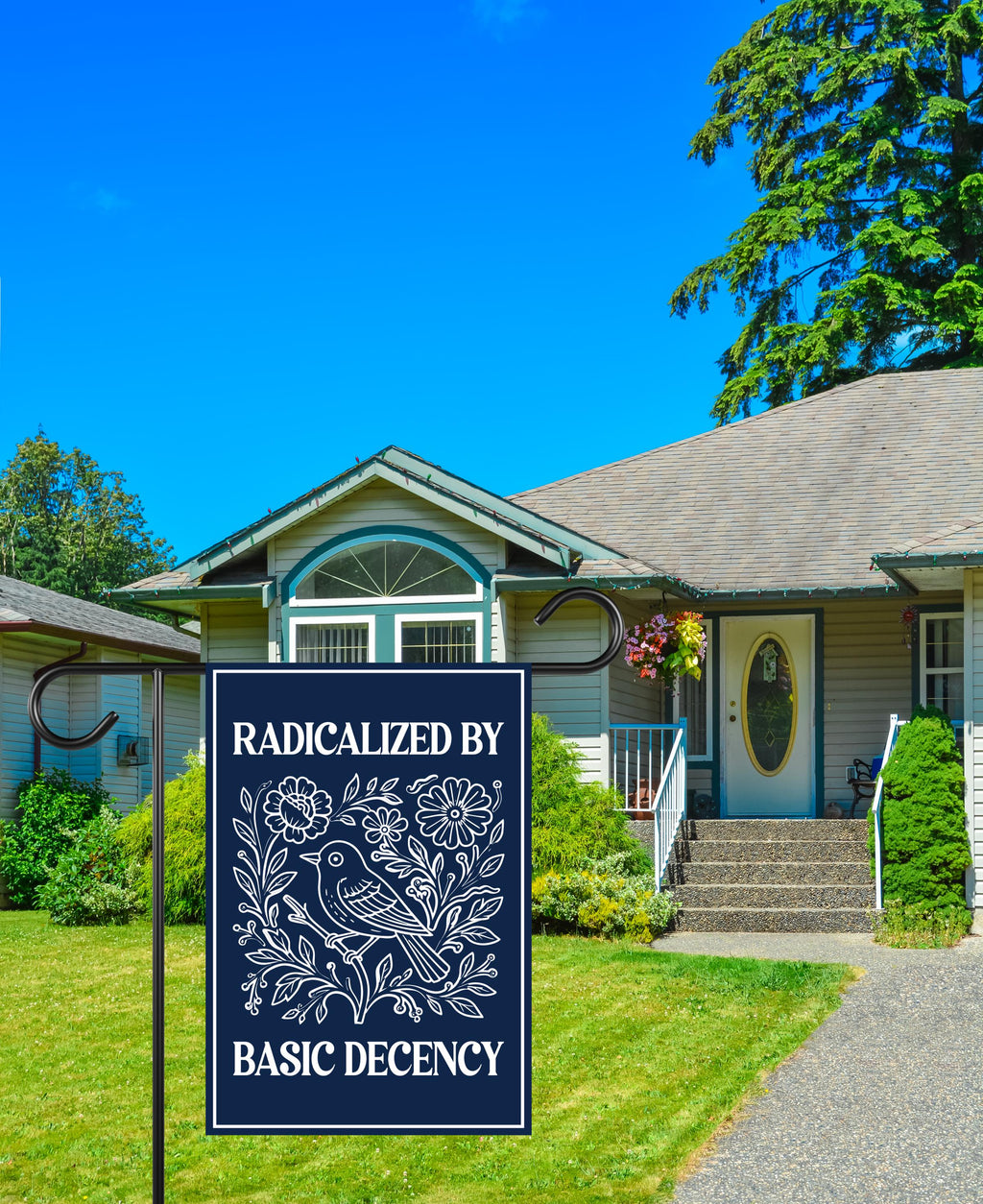 Radicalized by Basic Decency Protest Garden Flag, Immigrants Rights, Resist Hate, Anti-Trump, Resist Racism, Resist Fascism Flag