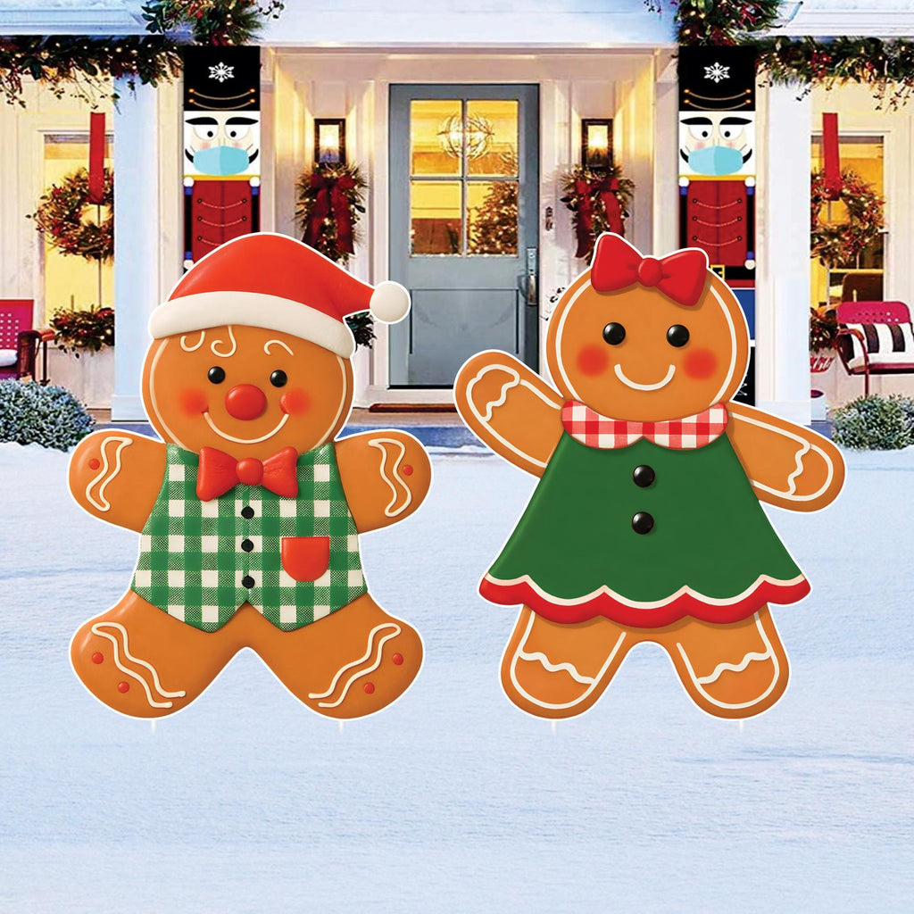 Gingerbread Yard Stakes, Outdoor Christmas Lawn Signs with Metal Stakes, Cute Holiday Garden Patio Pathway Xmas Gingerbread Décor